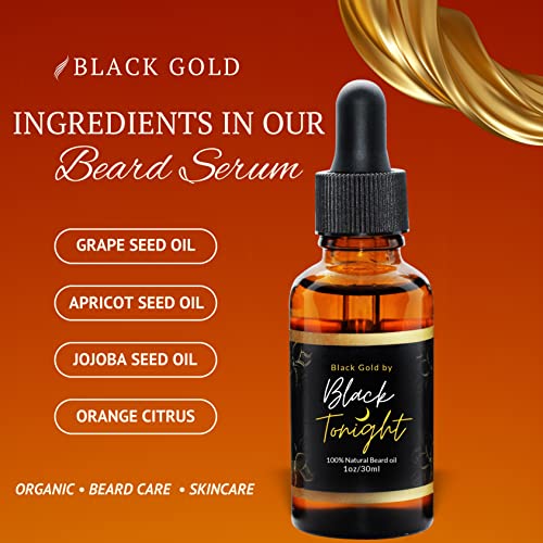 Black Tonight Organic Beard Growth Serum - Premium Beard Elixir For Fuller, Thicker Beards - Jojoba Oil Blend - Scientifically Proven Formula - Fill Patches, Nourish, Strengthen, And Protect - Enhance Hair Growth - Natural Beard Oil - 1 Fl. Oz #TOP1