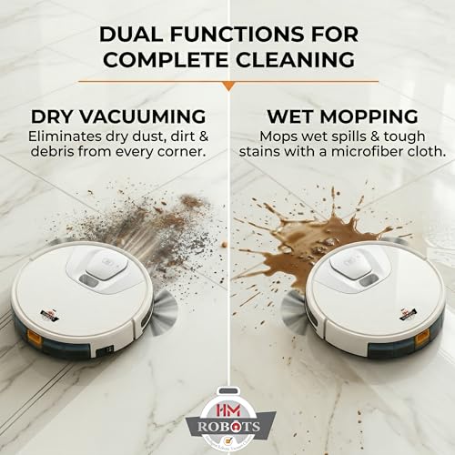 Image of HM Robots Robot Vacuum Cleaner with 5000Pa Suction, 2-in-1 Vacuum & Mop, AI Camera Navigation, 600ml Dustbin, 350ml Tank, No App - Remote Control, for Indian Homes, Marble & Tiles