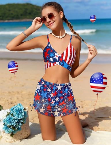 Image of Girls Swimsuits 3 Piece Bathing Suit Allover Printed Criss Cross Bikini Set with Cover Up Skirt Beach Swimwear 7-16 Years