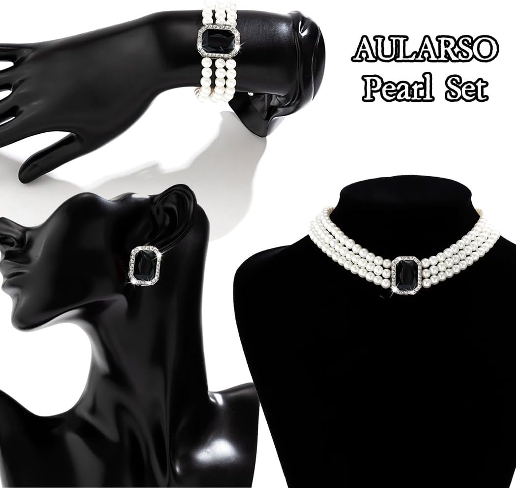 Pearl Necklace Set Rhinestone Pearl Jewelry Set-Pearl Necklace/Bracelet/Earrings 6mm Multilayer Pearl Set 1920s Crystal Wedding Set for Women - Image 3