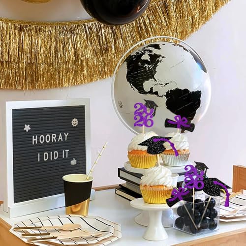 Image of Class of 2026 Glitter Graduation Cupcake Topper, Food /Appetizer Picks for Graduation Party (Purple)