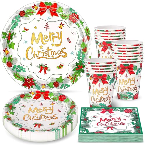 KAHEIGN 100 Piezas Vajilla de Papel para Fiestas Navideñas, 25 x 23CM Platos Grandes, 25 x 18CM Platos de Ensalada, 25 x 270ml Vasos, 25 x 16CM Servilletas - para Festivo Navidad Fiesta Decoración