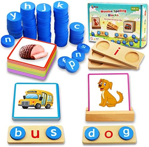 Wooden Short Vowel Reading Letters Spelling Toys, Alphabet Puzzle Flashcards Learning Activities Sight Words Reading Blocks Educational Toys for 3 4 5 Years Old Kids
