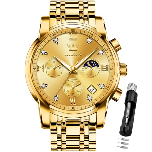 OLEVS Watch for Men Diamond Business Dress Analog Quartz Stainless Steel Waterproof Luminous Date Two Tone Luxury Casual Wrist Watch Gold