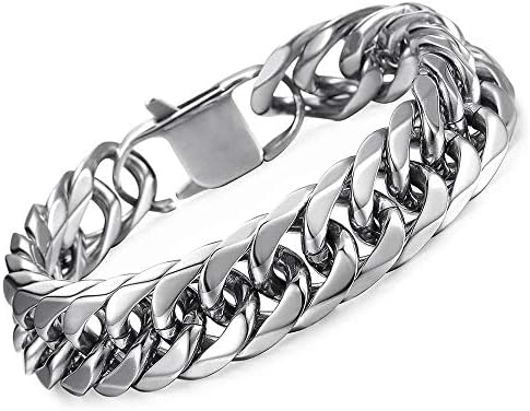 Hermah Heavy Mens Bracelet Chain 316L Stainless Steel Silver Punk Double Curb Cuban Rombo Link 15mm 8inch