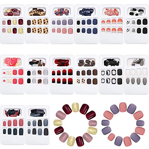 336 Pieces 14 Boxes Short Square False Nails Matte Coffin Press on Nails Full Cover Ballerina Artificial Nails Colorful Fake Fingernail Tip Kit Artificial Nail Tips for Women Girls Nail Art Salon