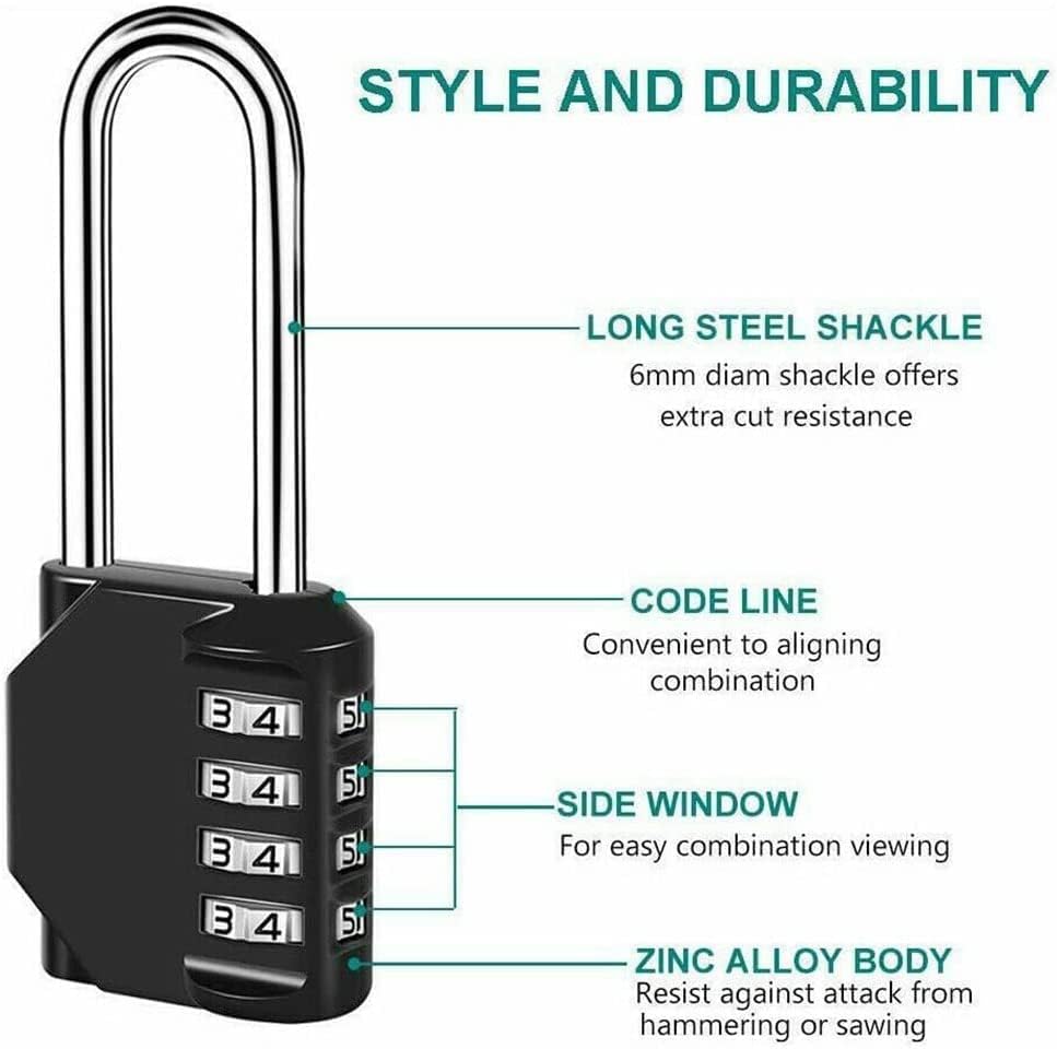 Coded Padlock,Number Padlock, Padlock, 4 Digit Number Combination Padlock Long Shackle Padlock Outdoor Lock Suitcase Luggage Coded Lock(Color:Silver)(Color:Silver)