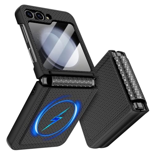 Doeshine für Samsung Galaxy Z Flip 5 Hülle für Mag-Safe mit Scharnierschutz & Displayschutzfolie Rutschfester Textur Hard PC Militär Stoßfest Schutzhülle Kratzfest Rugged Cover (Schwarz)