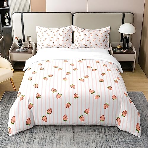 Strawberry 100% Cotton Duvet Cover Set King Size Girls Kawaii Strawberry Print Bedding Set for Kids Teens Pink Stripe Comforter Cover Set Breathable Cute Fruit Bedspread Cover Room Decor Quilt Cover