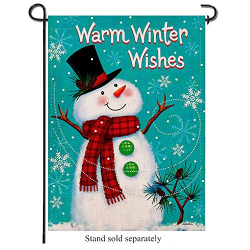 Artofy Warm Winter Wishes Home Decorative Garden Flag Snowman Red Buffalo Plaid Check Scarf, House Yard Snowflakes Pinecone Tree