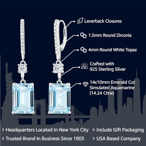 Gem Stone King 925 Sterling Silver Sky Blue Simulated Aquamarine Earrings | Gemstone Birthstone | Drop Dangle Earrings For Women | 14.24 Cttw | Emerald Cut 14X10MM2