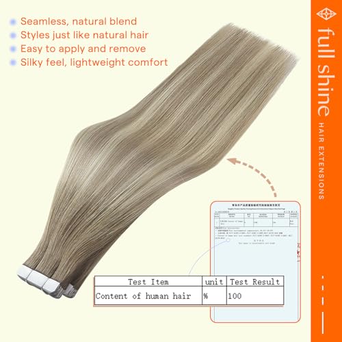Image of Full Shine Tape in Human Hair Extensions, 20 Inch Grey Brown Blonde | 50g 20 PCS, Seamless Skin Weft Tape in Extensions, Remy Human Hair, Lightweight Feel, Long Hairstyles, Styling Variety