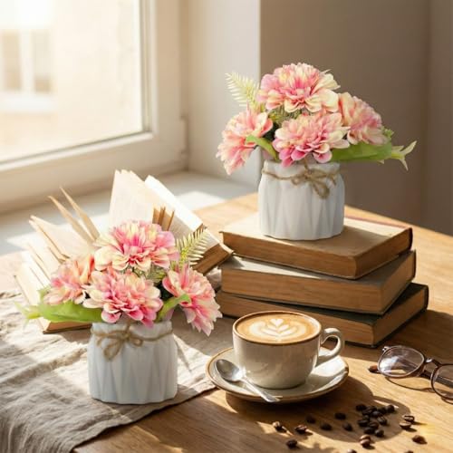 Image of Dekorly Artificial Lavender Plant in White Pot, 18cm - Realistic Faux Flower Arrangement for Home & Office Decor (Set of 1) (2, Chrys Pink Bunch)