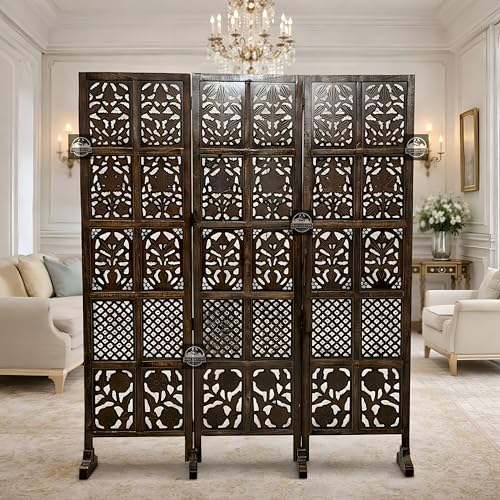 Image of Wooden Room Divider Screen, Carved,Decorative Handcrafted Privacy Screen Separator Wall Divider | Folding Partition with Floral & Jaali Design (Brown, 3 Panel)