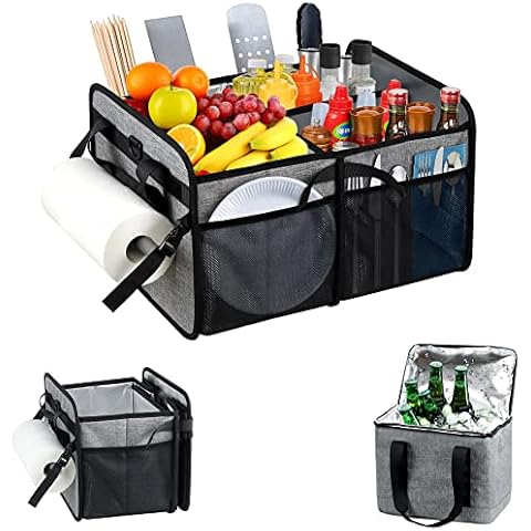 WOMACO Grill BBQ Caddy with Paper Towel Holder, Picnic Organizer for Utensil, Plate, Condiment, Griddle Caddy for Outdoor, Camper, Travel, Car, RV Must Haves (Gray) Cover