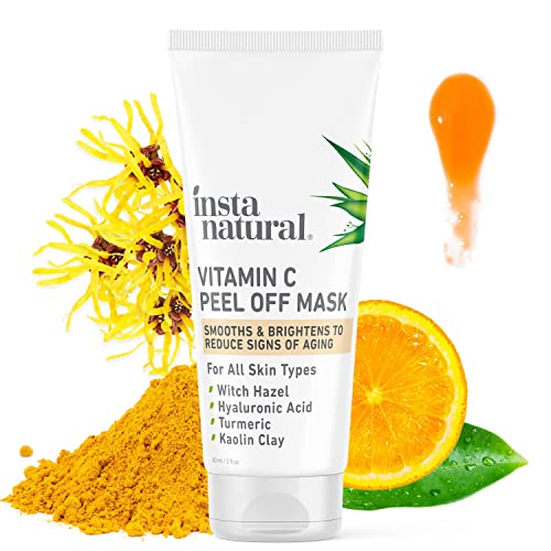 InstaNatural Vitamin C Peel Off Face Mask - Natural Brightening & Anti Aging Exfoliating Face Mask - Blackhead Remover - Hyaluronic Acid, Kaolin Clay, Caffeine, Turmeric & Witch Hazel - 2 oz
