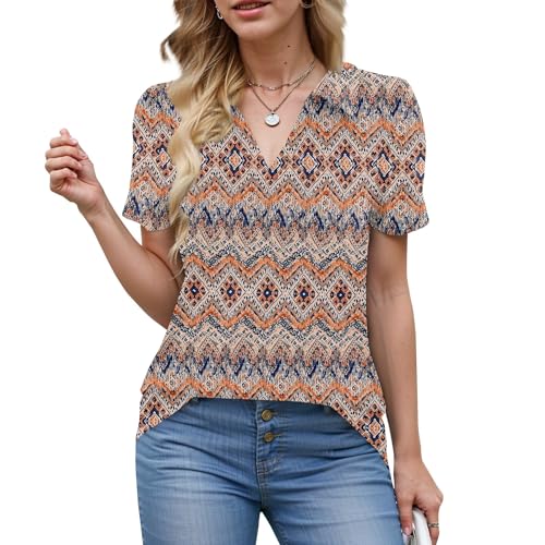 Floral Tops for Women 2025 Summer Work Loose Fit Short Sleeve Polo Golf Shirts Collared V Neck Funny Cotton Travel Comfy Printed Long Tunic Blouses with Pockets Womens Polo Shirts, Light Gray, XXL