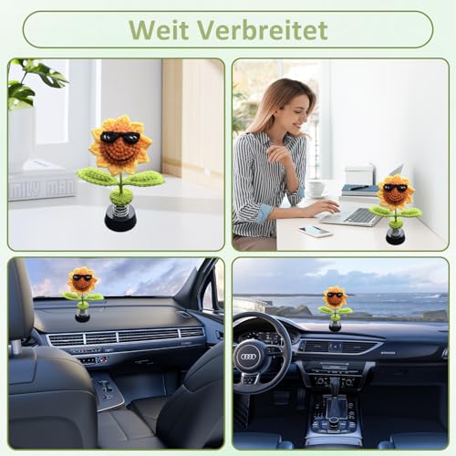 Handgefertigte Gestrickte Sonnenblumen Blume Auto Deko Wackelfigur Auto Sonnenbrille lächelnde Sonnenblume Heim Büro Armaturenbrett Dekoration Zubehör Auto Deko Innenraum für Frauen und Mädchen