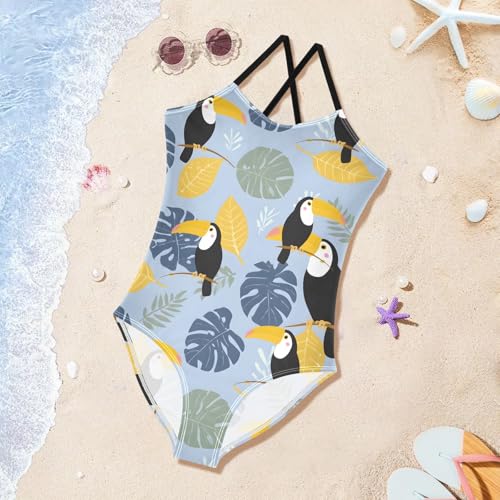 Girls Swimsuit Toucan Leaf Pattern One Piece Swimwear 6
