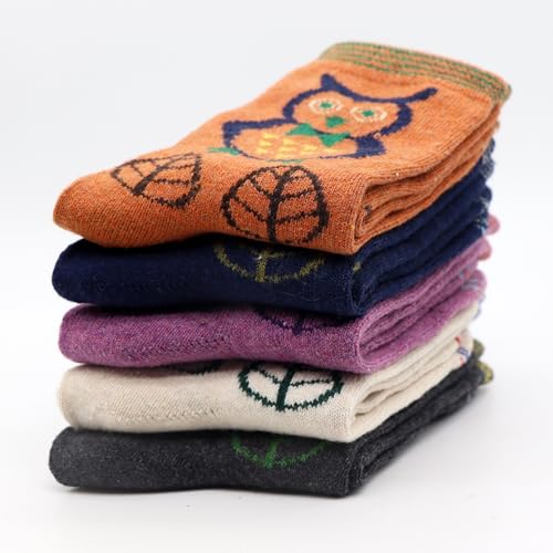 YZKKE 5Pack Womens Warm Wool Soft Cozy Crew Socks Cute Animal Owl Cat Design Sock for Fall Winter Christmas Gifts Size 5-93