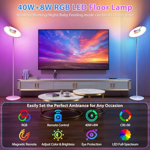 2-in-1 Full Spectrum LED Floor Lamp with Remote, 76'' Tall 350° Adjustable 4100LM Super Bright Reading Lamp with RGB Ambient Glow,Stepless Dimming & 5CCT Modern Standing Lamps for Living Room, Bedroom - image 5
