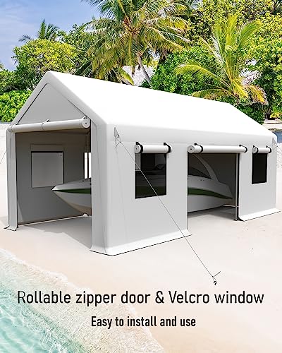 DEXSO Carport 13'x20' Portable Garage, Heavy Duty Carport Canopy, Reinforced Steel Poles, 4 Roll-up Doors & 4 Windows, for Pickup, Boat, and Equipment, White