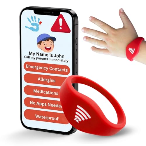 Image of Kids ID Bracelet - Fitted NFC Safety Wristband, Slip-On Child ID Band for Emergency Contact Info, Waterproof Silicone, Not GPS, Wear on Wrist or Ankle, Ideal for Theme Parks, Travel & Beaches