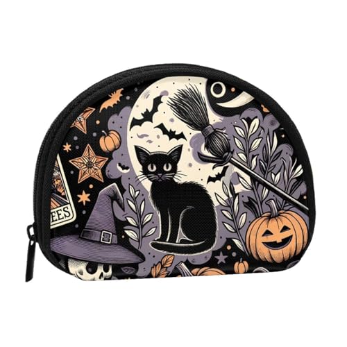 Portable Coin Purse Halloween-Witches-Pumpkins-Skeletons Mini Zippered Money Pouch Card Holder