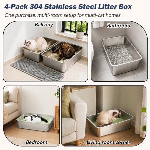 Caja de arena para gatos de acero inoxidable 4 unidades 23.6x15.7x6 in miniatura 3