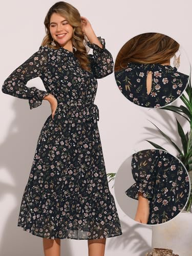 Image of Allegra K Fall Casual Floral Dress for Women 2025 Long Sleeve Crew Neck Chiffon Midi Tea Party Ruffle Dresses