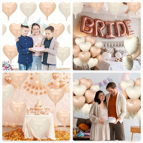 Image of Cream Apricot Heart Balloons, 10 Pcs Beige White Caramel Foil Heart Shaped Balloon, 18 Inch Nude Neutral Balloons Helium for Engagement, Brithday, Baby Shower, Wedding, Valentines Party Decorations