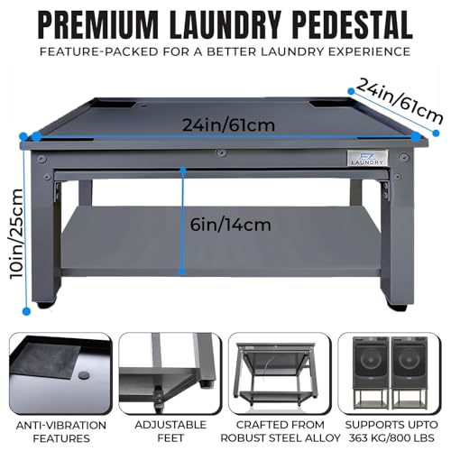 Image of Laundry Pedestal for Washer or Dryer with Drain Pan & Hose - 24 inchW, 10 inchH | Universal Fit 800 lbs Capacity Steel Stand With Pull Out Shelf for Back Pain Relief, Keeps Space Clean, All Brands Supported