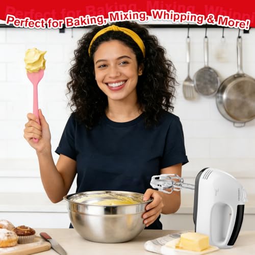 Image of Showvigor Electric Hand Mixer with Stainless Steel Mixing Bowl Set -7 Speeds Turbo-Boost Hand Mixer with Large Mixing Bowls, Measuring Cups, Spoons & Spatula for Kitchen Cakes Eggs Baking(Pink)