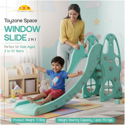 Image of Toyzone Space Window Slide for Kids | Baby Play Slide | Indoor & Outdoor Kids Slider | Easy Assembly | Safe Rounded Design | BIS Certified | Made in India | Kids Slide for 2-10 Years, Upto 70 kgs