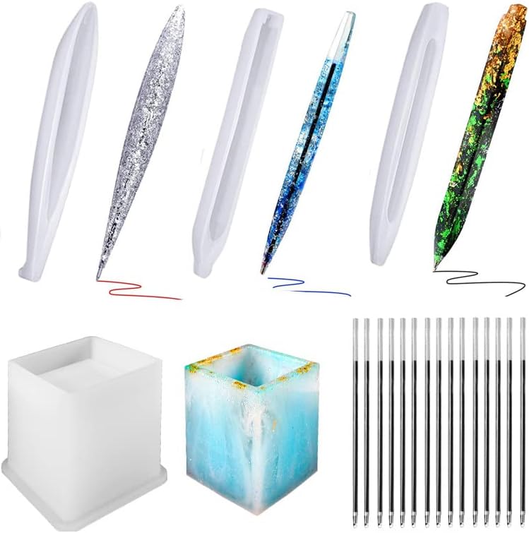 3 piezas de bolígrafo con 1 pincel en forma de olla de resina para bolígrafo, moldes de silicona, moldes de resina epoxi, moldes de fundición de