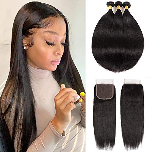 NOBILITY Hair Brazilian 9A Straight Human Hair 3 Bundles with Closure (12 14 16+10inch Closure Free Part )100% Unprocessed Virgin Human Hair Bundles with 4x4 Lace Closure Natural Color