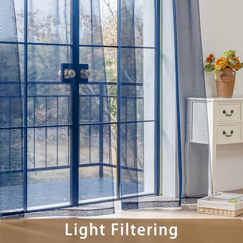 Image of Navy Blue Sheer Curtains 63 Inch Length, Privacy Semi Sheer Curtains for Living Room Bedroom, Light Filtering Rod Pocket Voile Window Drapes 2 Panels Set, Each 42 inch W x 63 inch L