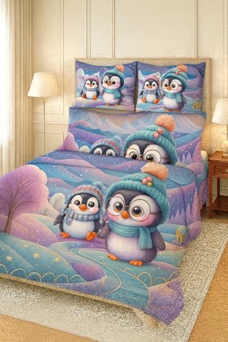 Image of King Size 7D Digital Print Bedsheet - 350 TC Cotton, Kids Friendly Design, Soft & Breathable 180 GSM Fabric, Machine Washable, Gift-Ready Packaging. (108x108 Inches). (Penguin)