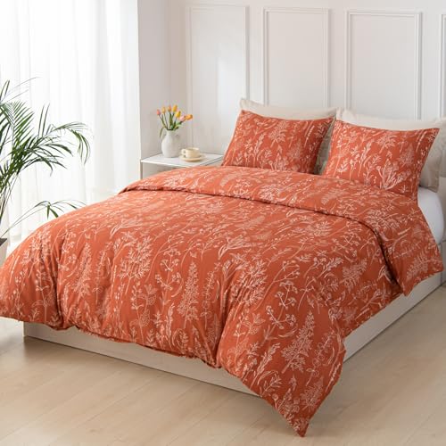 Image of Lekesky Floral Duvet Cover King Size 3-Piece, Burnt Orange