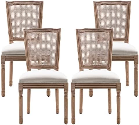 Nrizc French Country Dining Chairs Set of 4, Farmhouse Dining Chairs with Square Rattan Back, Solid Wood Legs, French Bistro Chairs for Dining Room/Living Room/Kitchen/Restaurant