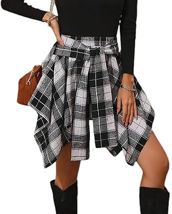 Chvity Mini Skirts for Women High Waisted Asymmetrical Hem Fashion Plaid Skirt
