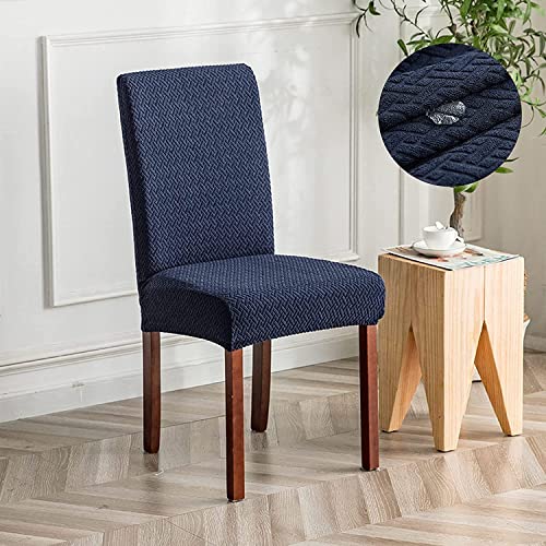 Image of House of Quirk Elastic Jacquard Chair Cover Stretch Removable Washable Short Dining Chair Cover Protector Seat Slipcover (Pack of 4, Navy Blue)