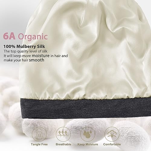 Hat Hut 100% Mulberry Silk Lined Sleep Cap Pure Silk Bonnet for Curly Hair Wrap Bonnet for Sleeping Slouchy Beanie (Grey) - Image 2
