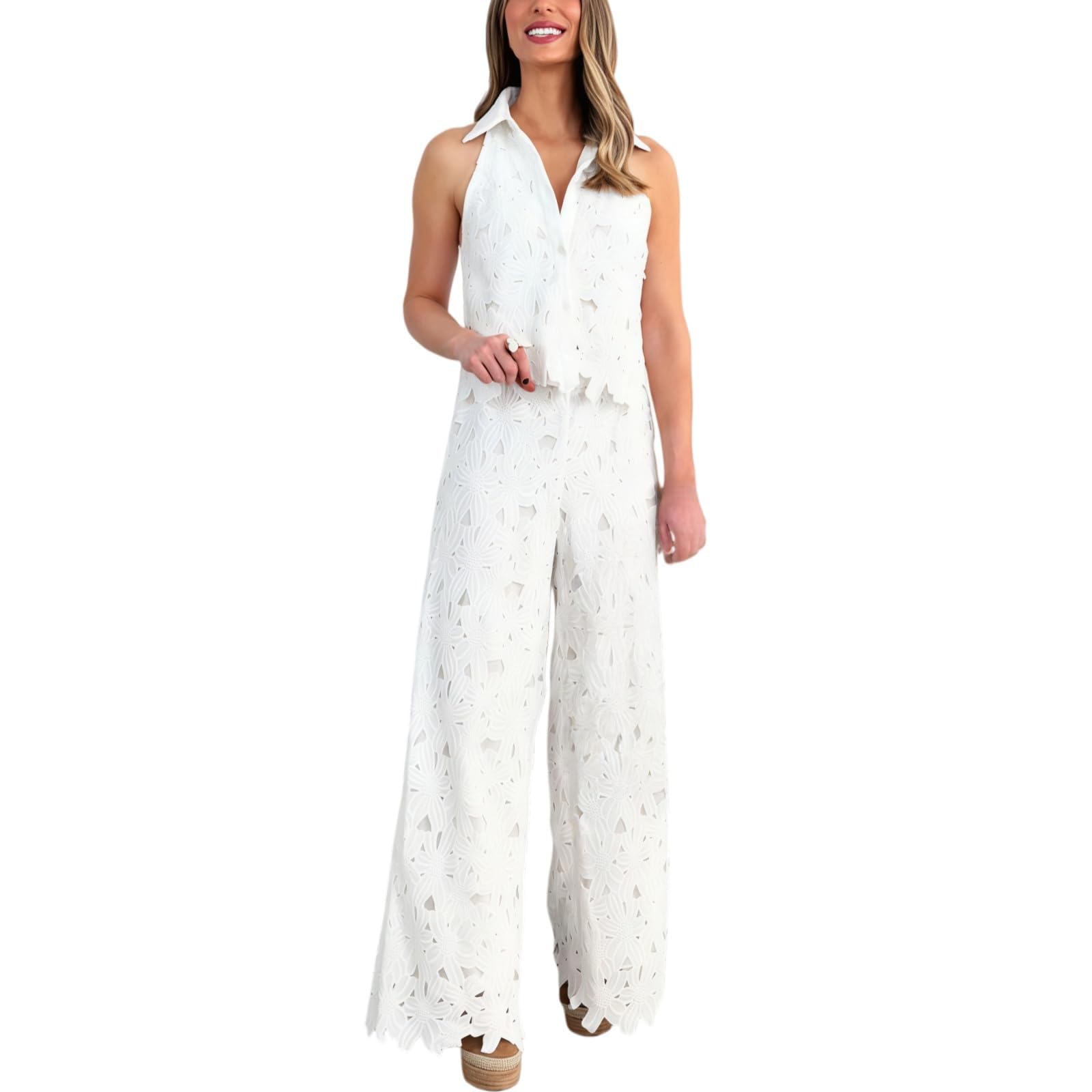Tuta da Donna in Lino Casual Due Pezzi Completo Leggera Elegante Estivo Top e Pantaloni a Tinta Unita con Scollo a V/Rotondo Completo Donna Giacca E Pantalone Versatili per Uso Quotidiano
