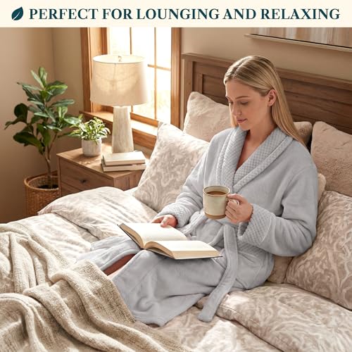 Image of PAVILIA Women's Plush Fleece Robe, Soft Cozy Long Bathrobe with Satin Waffle Trim, Warm Lightweight, Pockets & Tie Belt