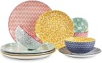 Selamica Ceramic Dinnerware Sets, 12-Pieces Plates and Bowls Sets, Scratch Resistant Dishes set for 4, Dishwasher & Microwave Safe, Assorted Colors
