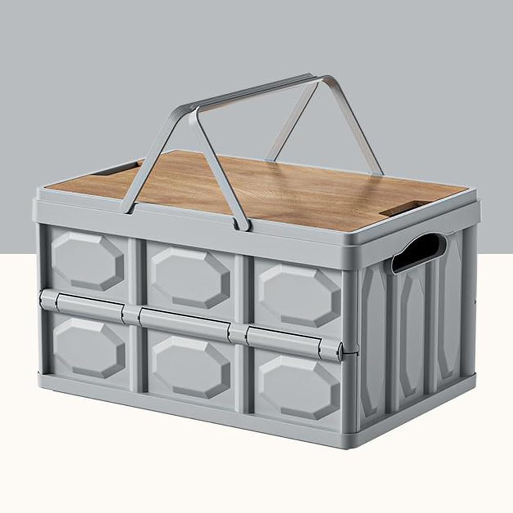 Collapsible Picnic Basket,Plastic Storage Crates with Wooden Lid,Large Capacity Stackable Storage Container Foldable Garage Organizer for Camping (Grey,XLarge)