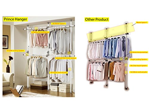 Prince Hanger, One Touch Double 2 Tier Adjustable Hanger, Holds 80kg(176LB) per horizontal bar, Clothing Rack, Closet Organizer,38mm Vertical pole, Heavy Duty, Garment Rack, PHUS-0033, Made in Korea - Thumbnail 7