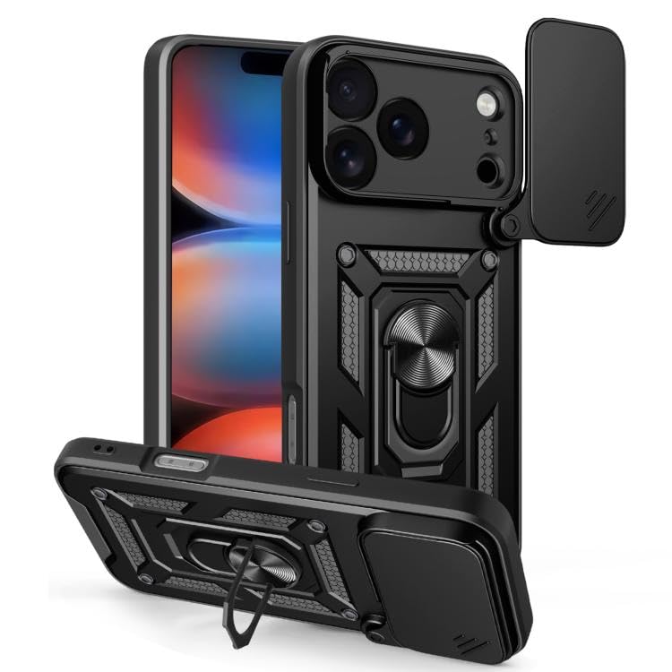 360 Ring Holder & Sliding Camera Shield Cover | 360 Degree Protection Back Case Cover for iPhone 17 Pro Max – Black (Sliding Camera Window)