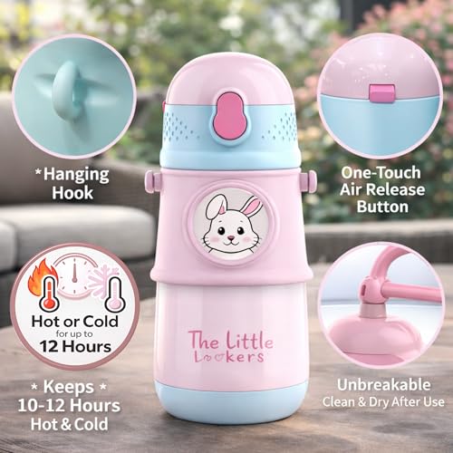 Image of THE LITTLE LOOKERS Stainless Steel Hot & Cold Sipper Bottle for Kids | 300 Milliliters | Rust-Proof | BPA-Free | Double-Wall Vacuum Insulation Water Bottle | Ideal for School and Travel | Pink
